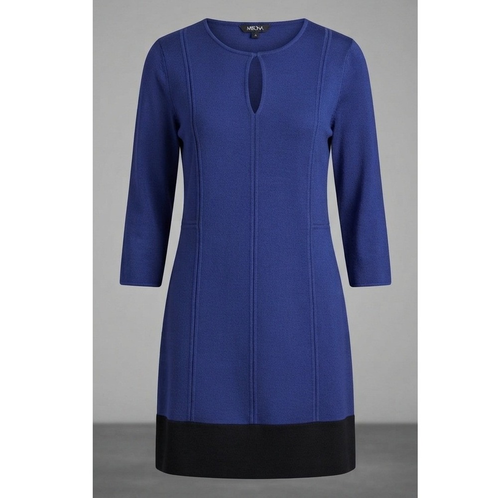 Misook Knit Sheath Dress Navy Blue Black‎ Colorblock Keyhole Neck Womens S